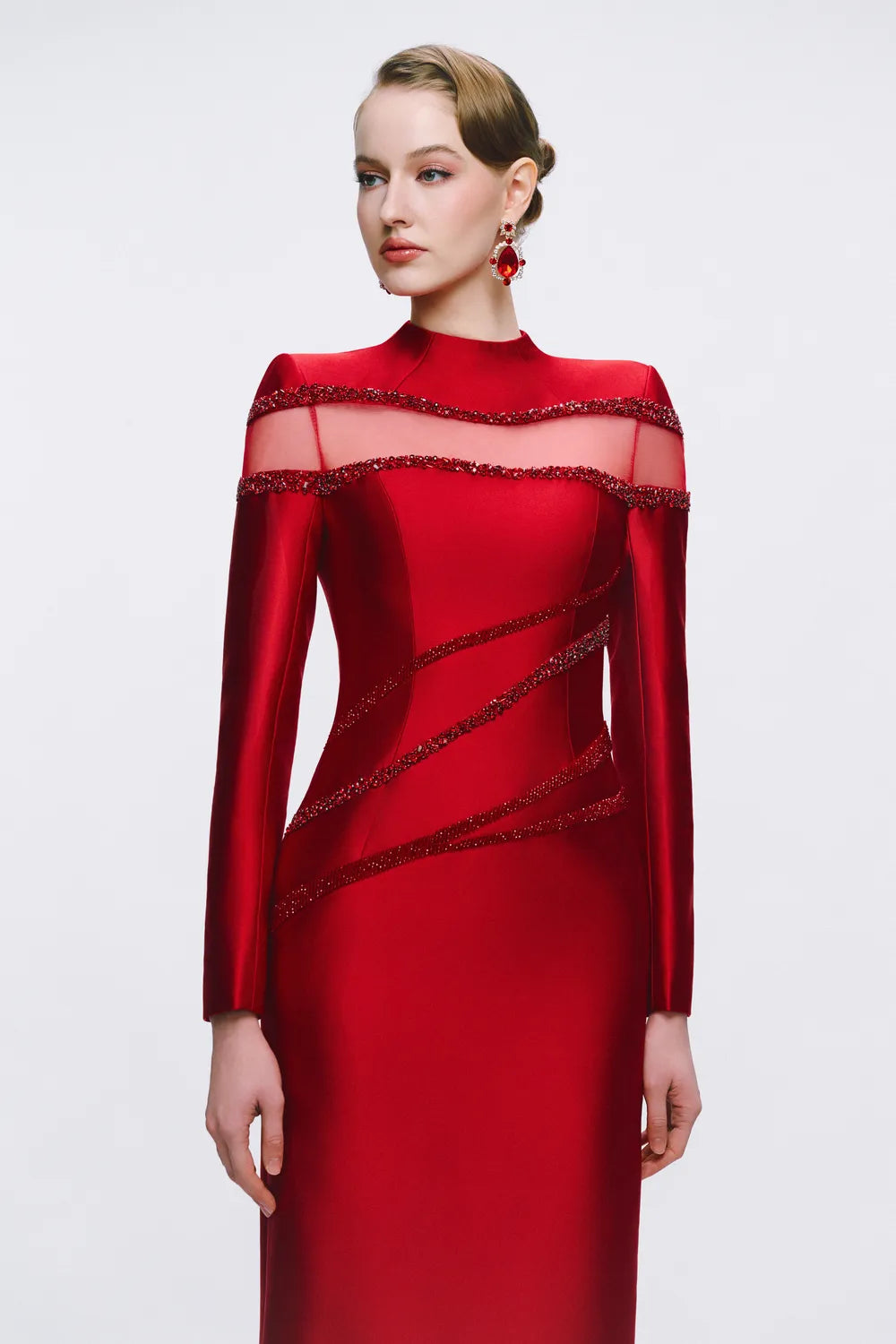 See-Through Crystalline Embellished Shoulder Bodyfit Dress