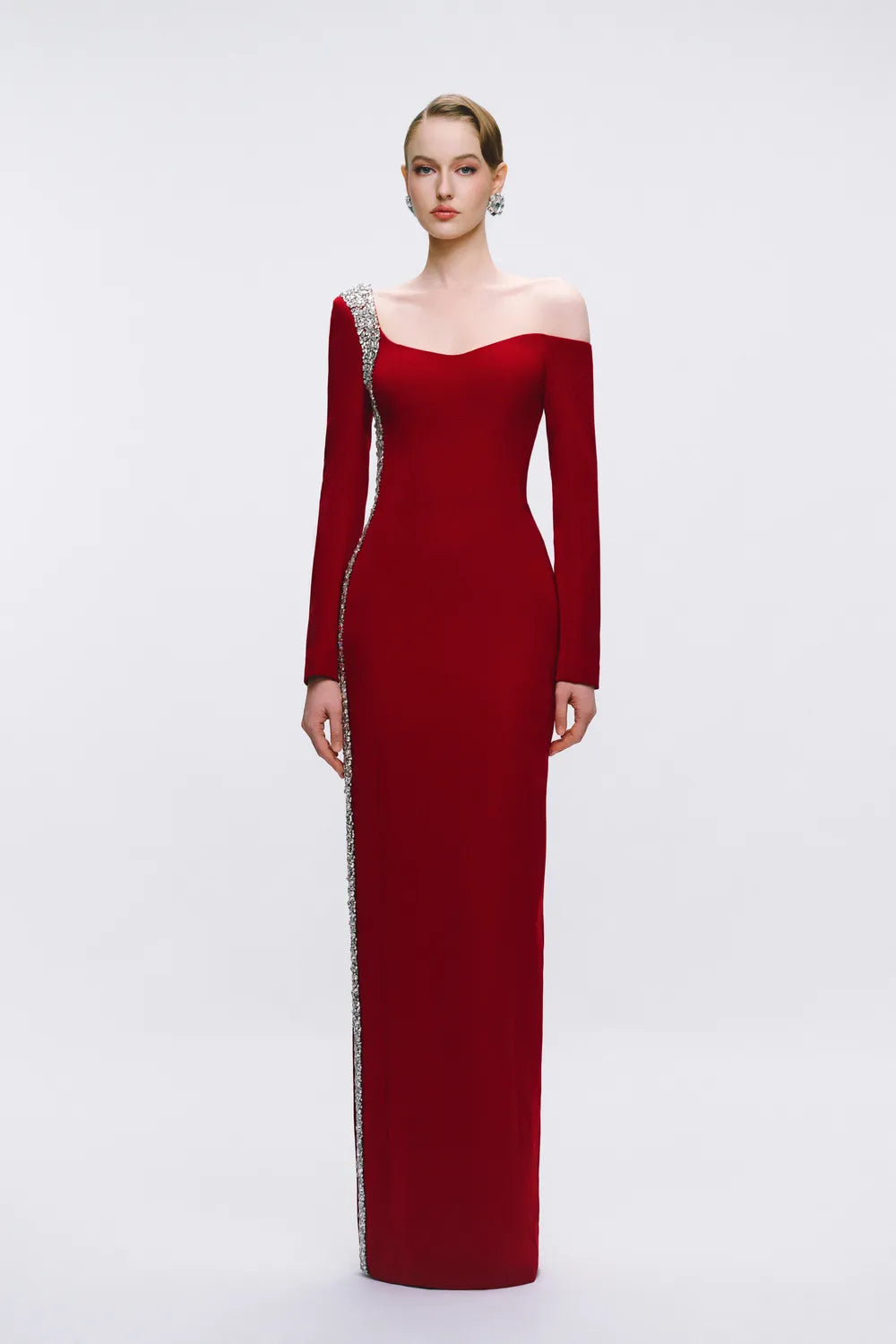 Asymmetric Off Shoulder Long Crystalline Embellished Dress