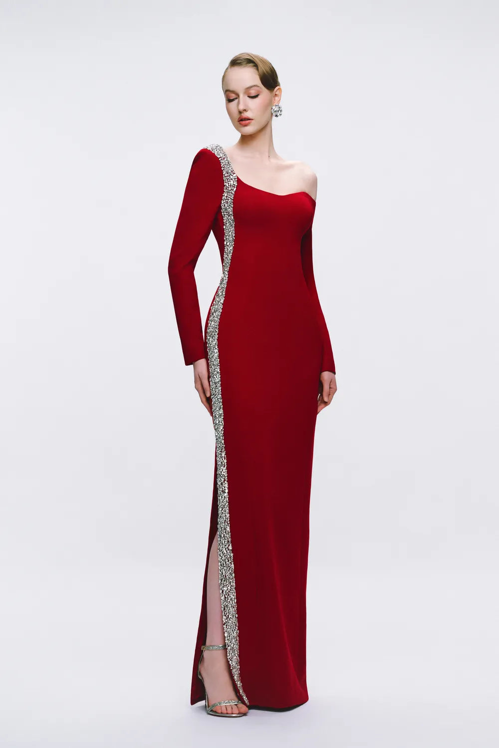 Asymmetric Off Shoulder Long Crystalline Embellished Dress
