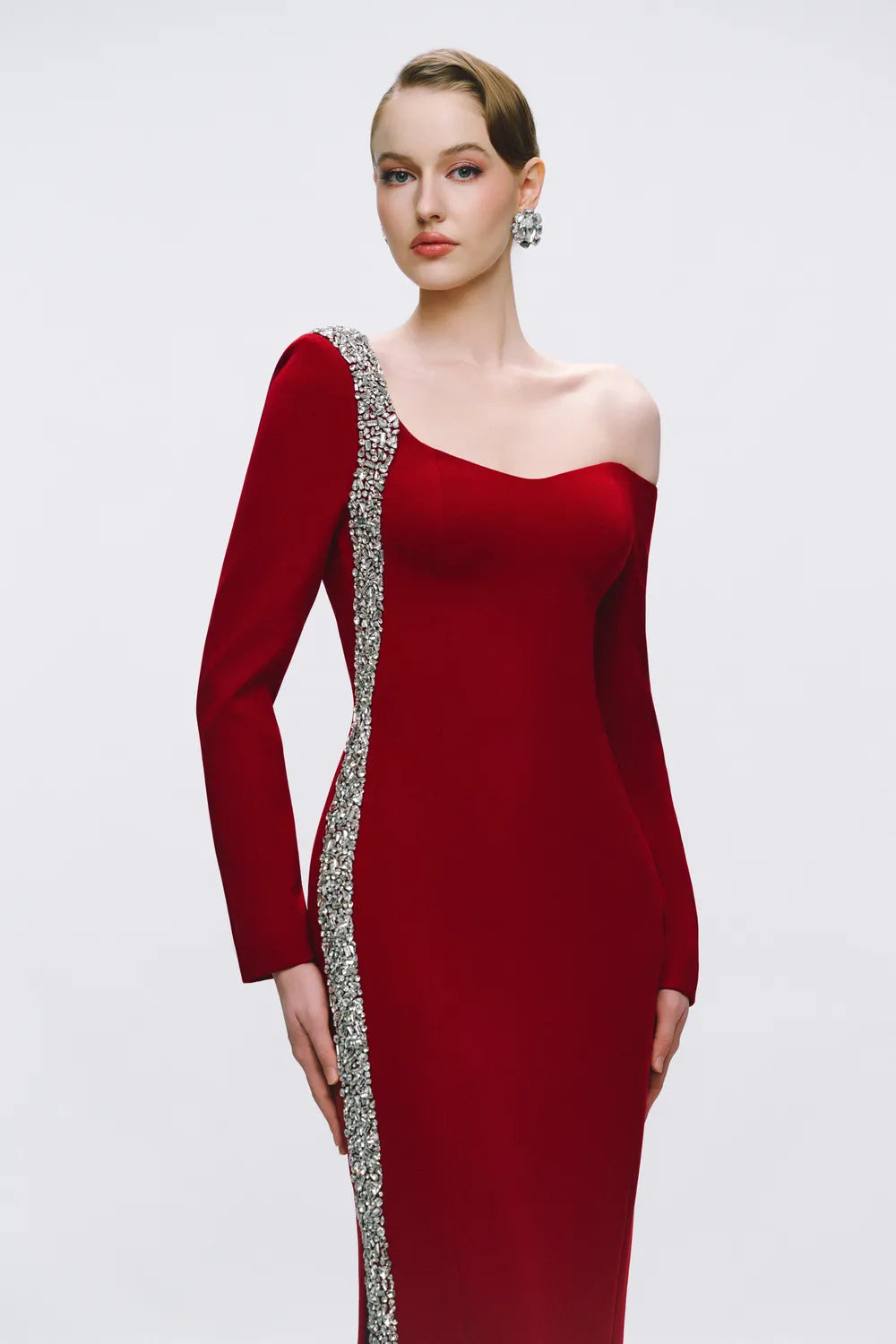 Asymmetric Off Shoulder Long Crystalline Embellished Dress