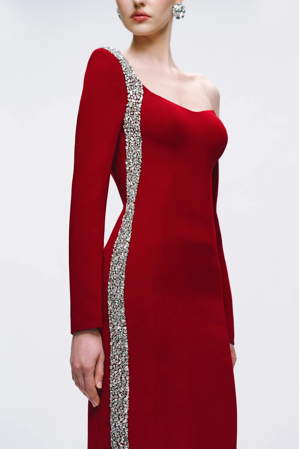 Asymmetric Off Shoulder Long Crystalline Embellished Dress