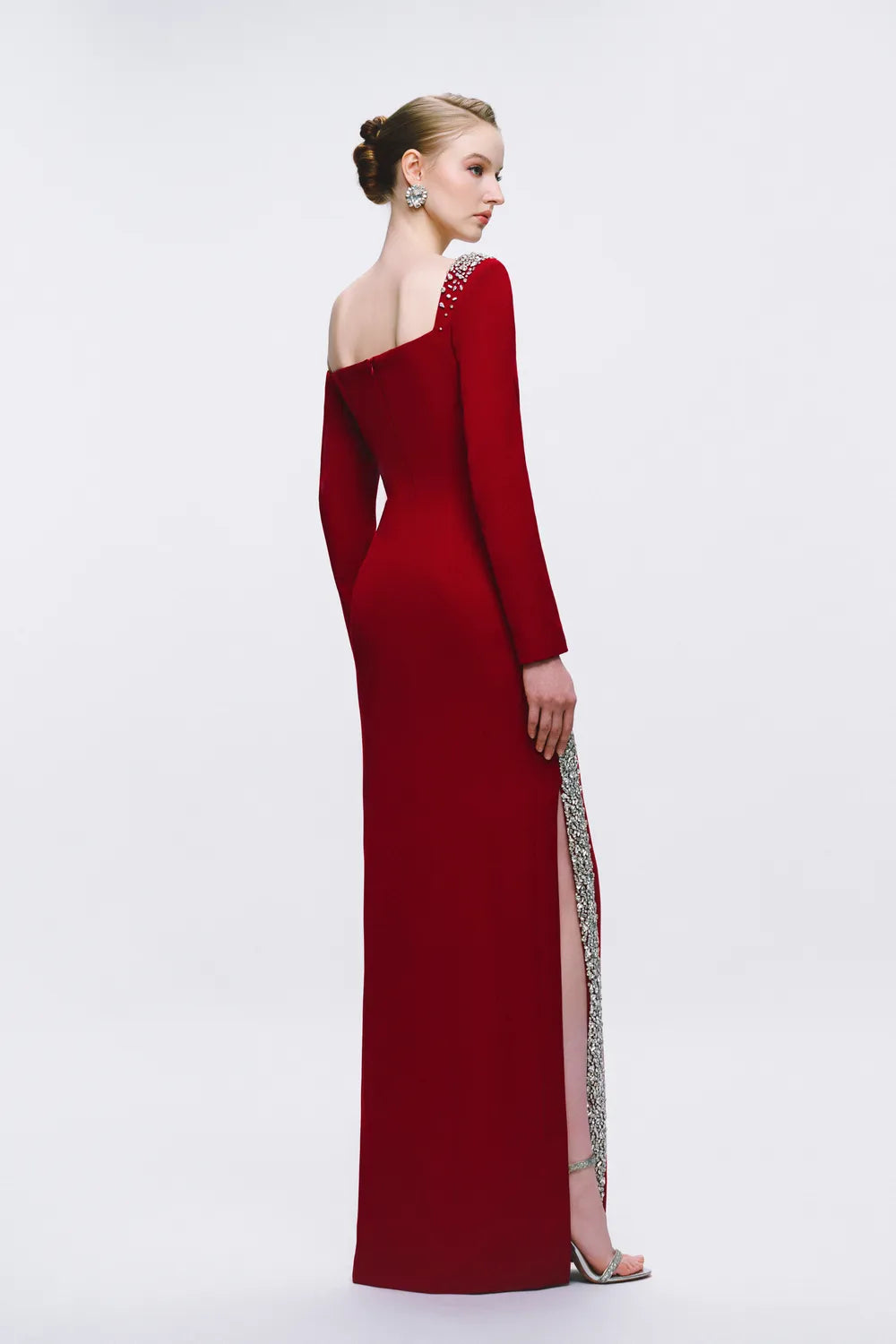 Asymmetric Off Shoulder Long Crystalline Embellished Dress