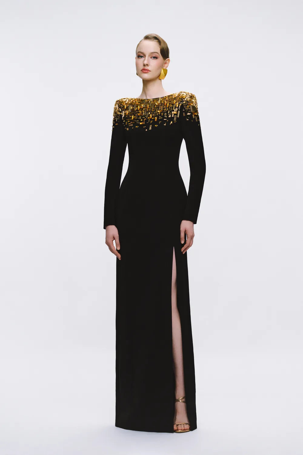 Fallen Crystal And Bead Embellished Side Slit Dress - TRACY COUTURE