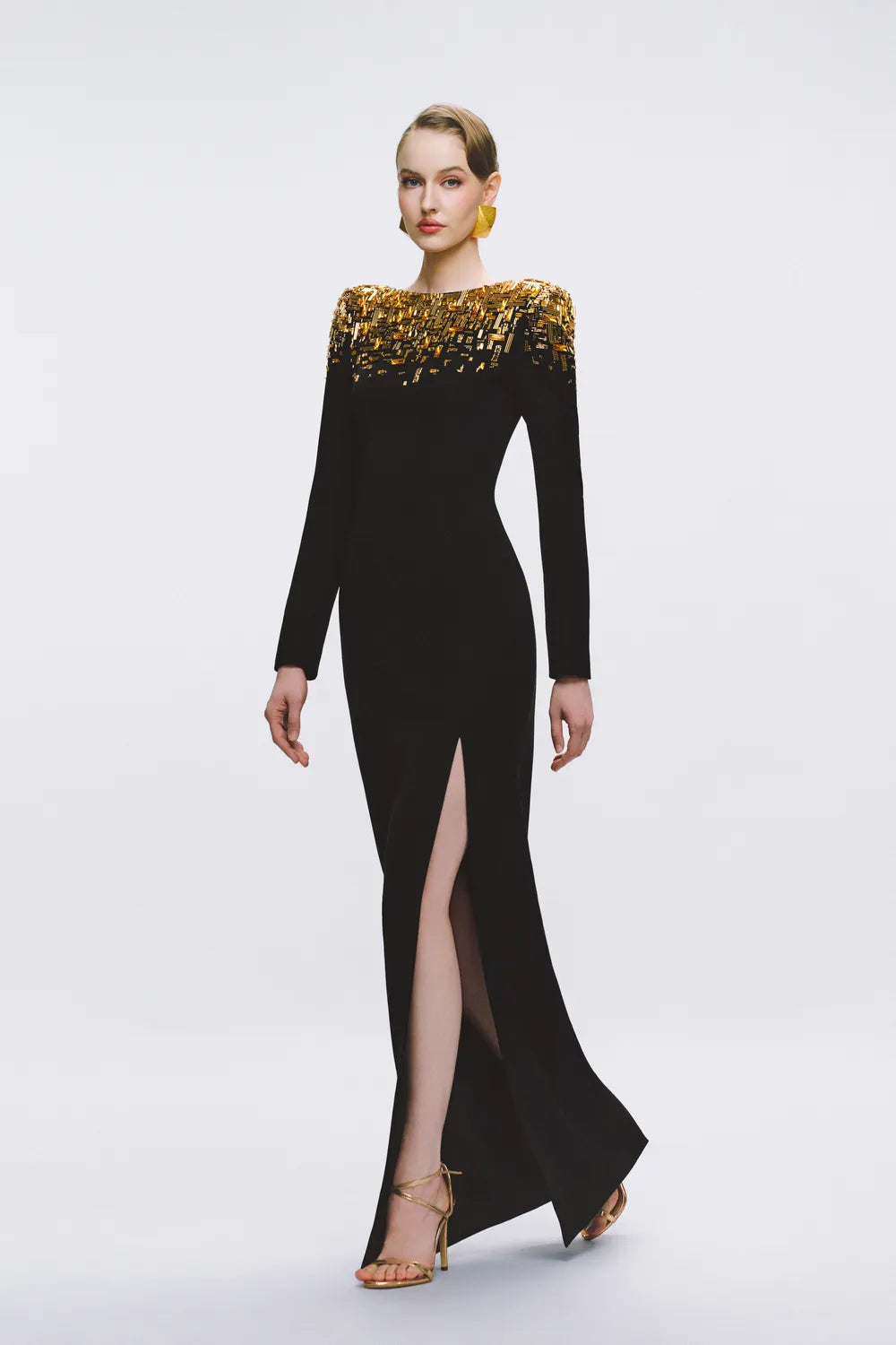 Fallen Crystal And Bead Embellished Side Slit Dress - TRACY COUTURE