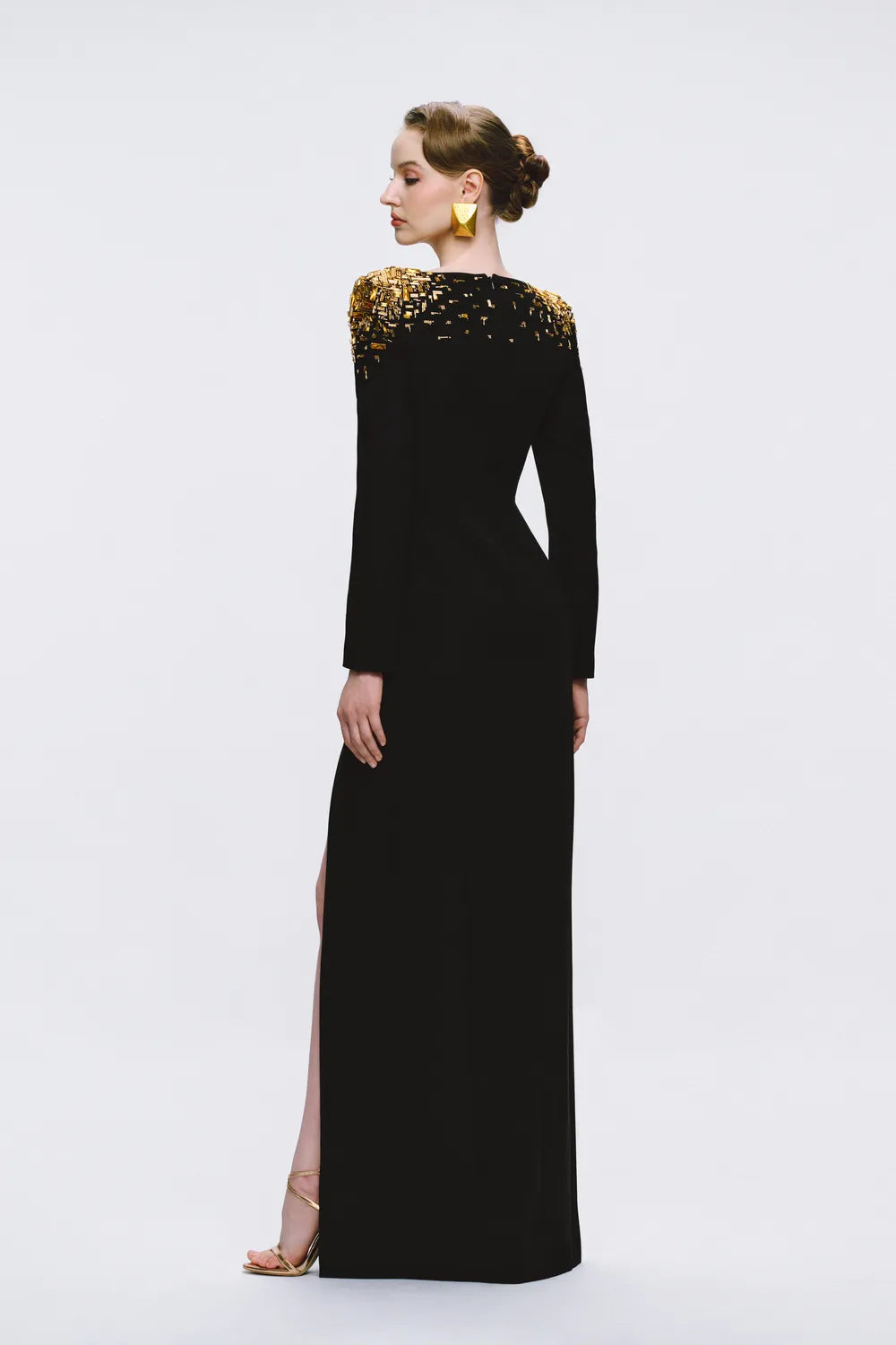 Fallen Crystal And Bead Embellished Side Slit Dress - TRACY COUTURE