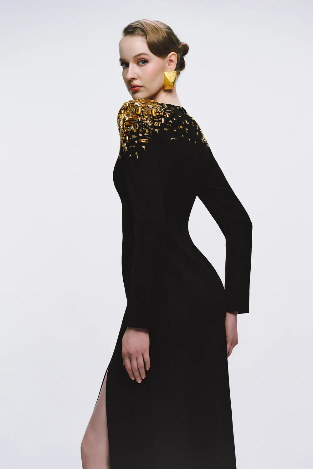 Fallen Crystal And Bead Embellished Side Slit Dress - TRACY COUTURE