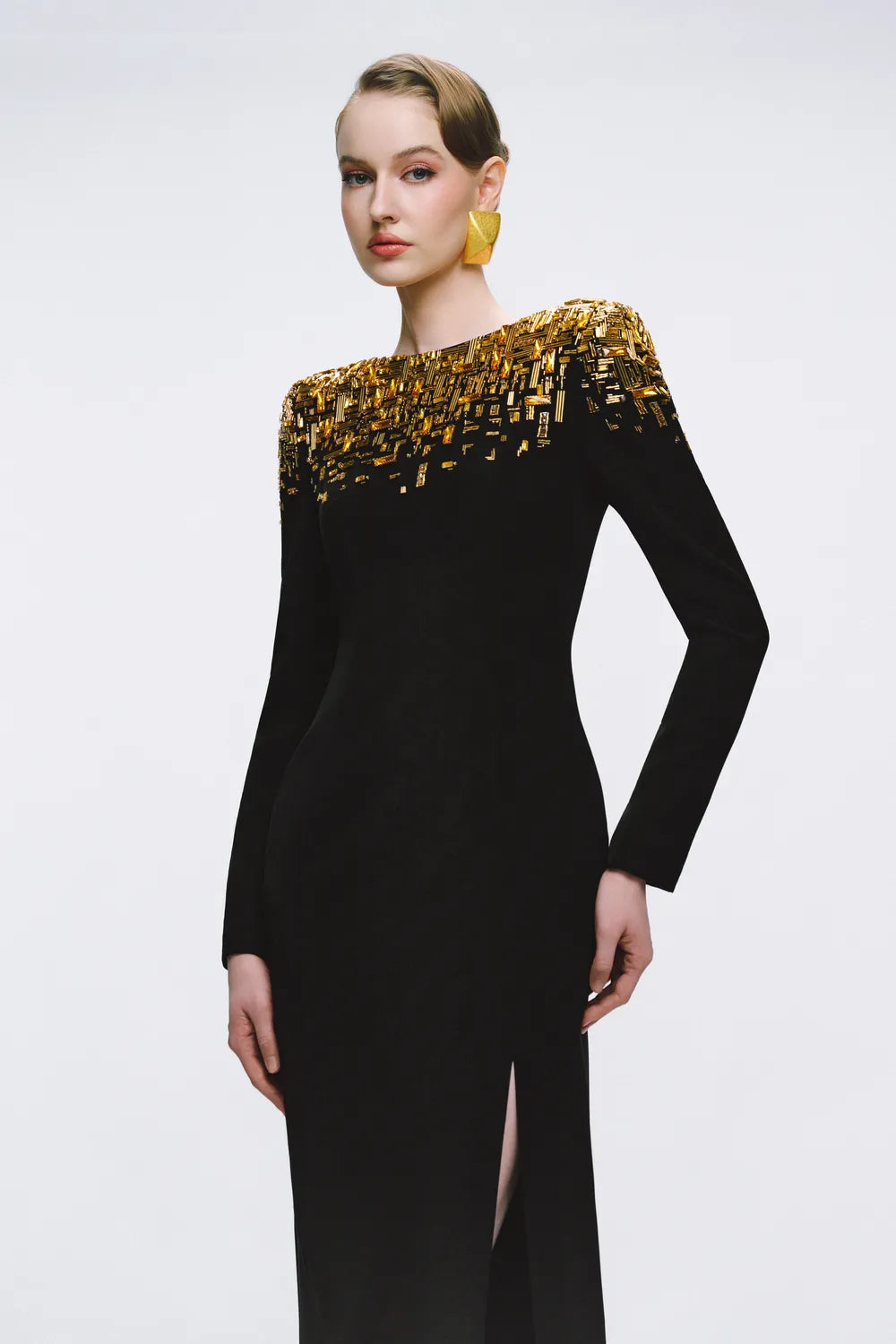 Fallen Crystal And Bead Embellished Side Slit Dress - TRACY COUTURE