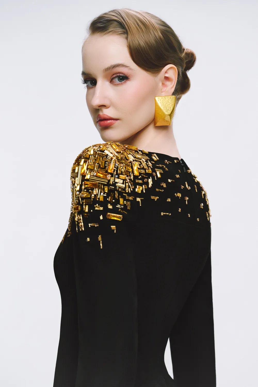 Fallen Crystal And Bead Embellished Side Slit Dress - TRACY COUTURE