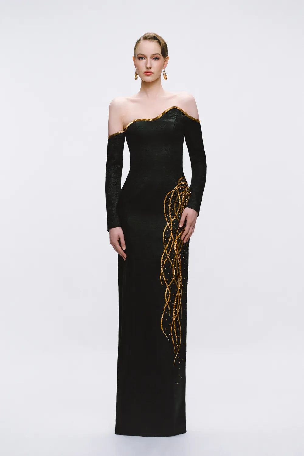 Off Shoulder Long Sleeves Fallen Crystal Embellished Dress