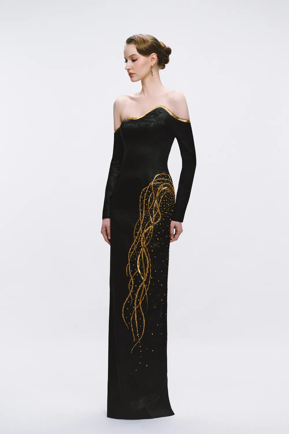 Off Shoulder Long Sleeves Fallen Crystal Embellished Dress