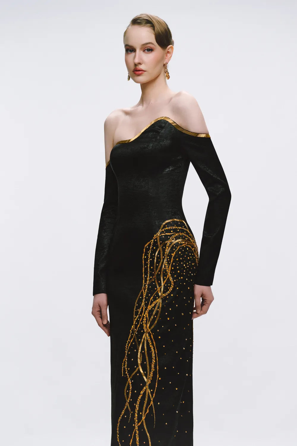 Off Shoulder Long Sleeves Fallen Crystal Embellished Dress
