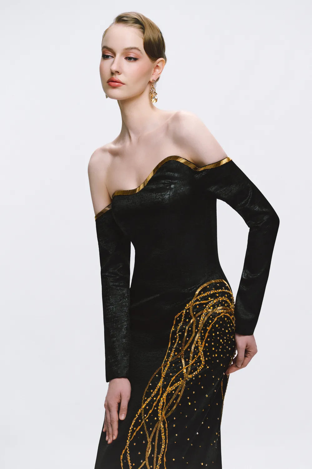 Off Shoulder Long Sleeves Fallen Crystal Embellished Dress