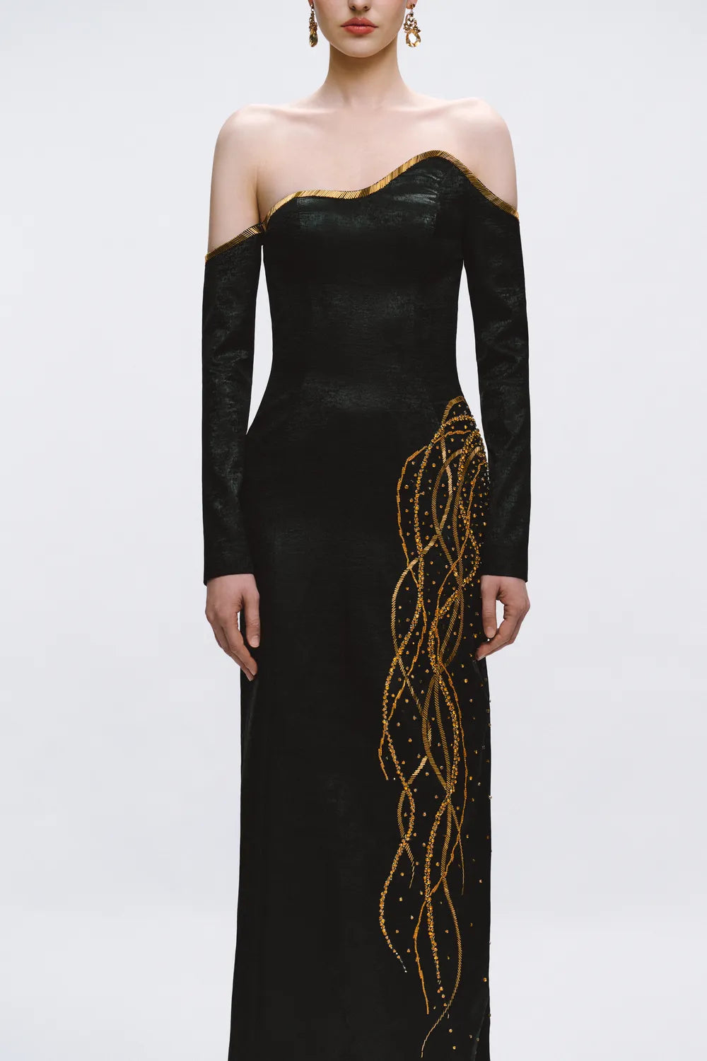 Off Shoulder Long Sleeves Fallen Crystal Embellished Dress