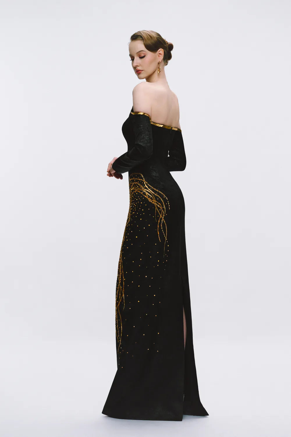 Off Shoulder Long Sleeves Fallen Crystal Embellished Dress