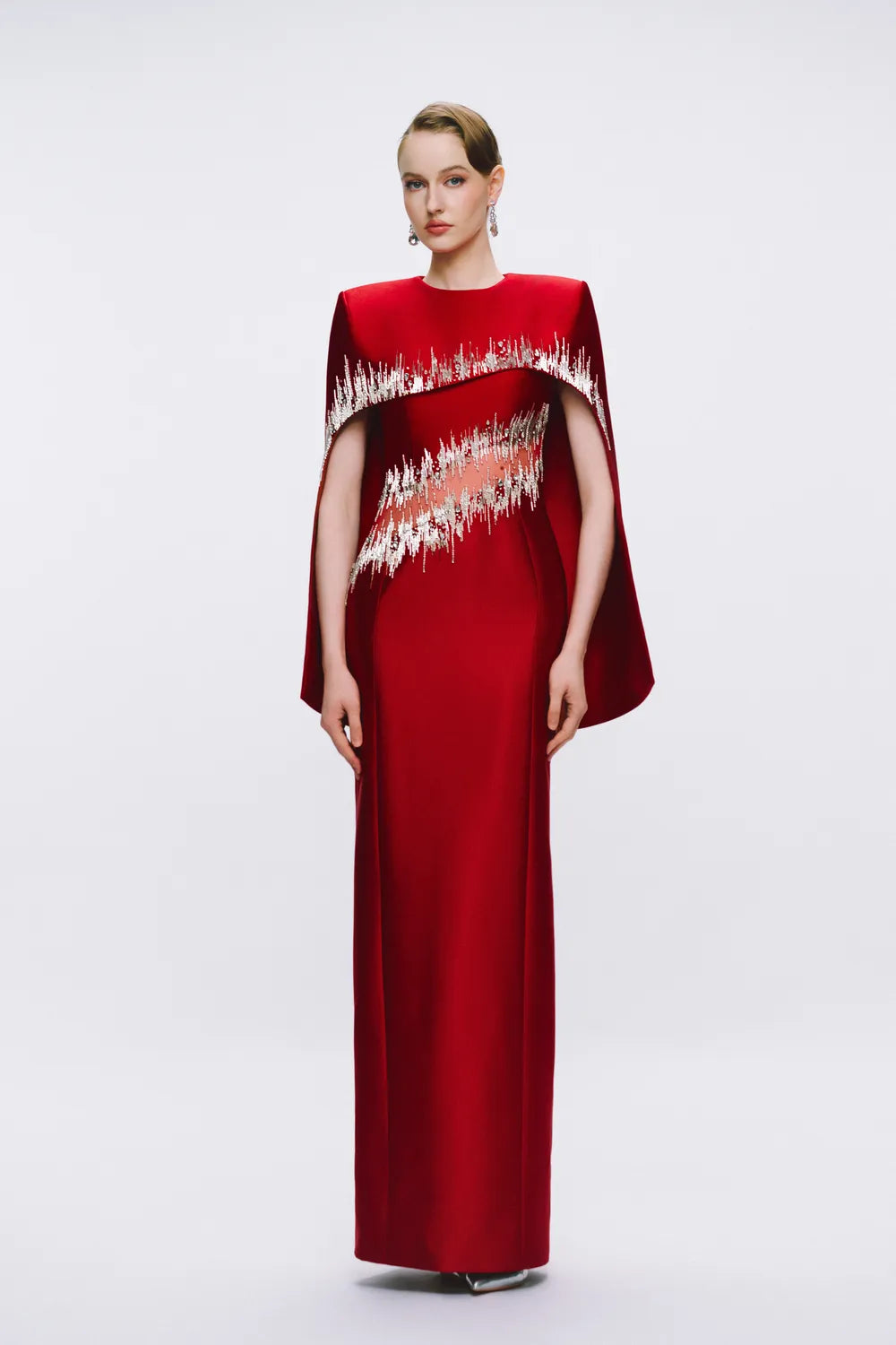Glitch Embellished High-Low Cape Straight Dress