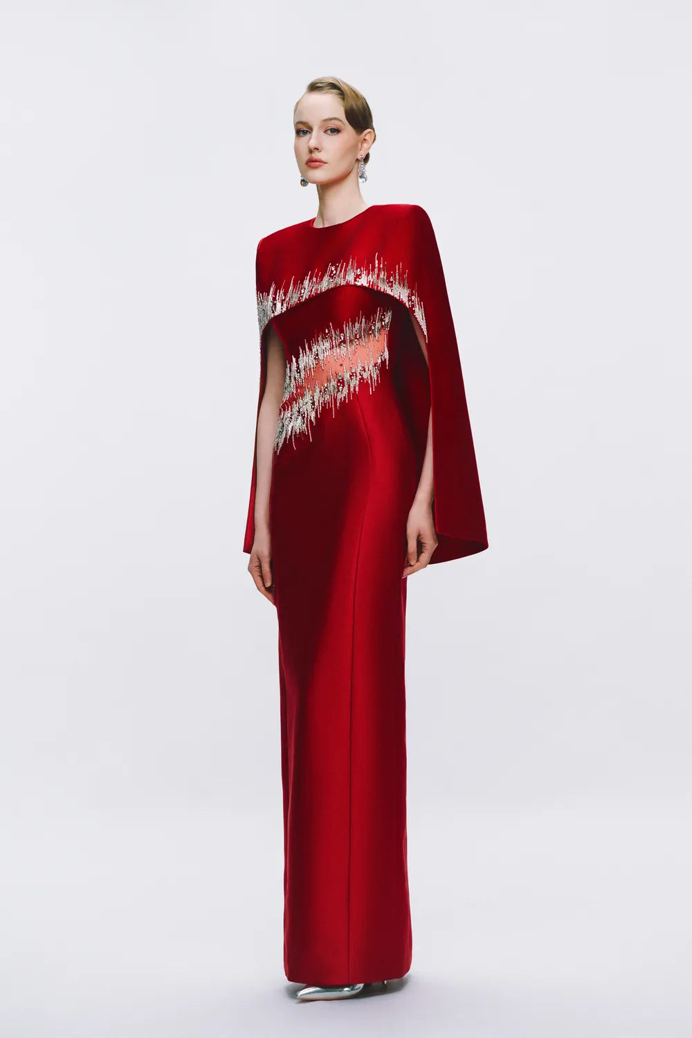 Glitch Embellished High-Low Cape Straight Dress