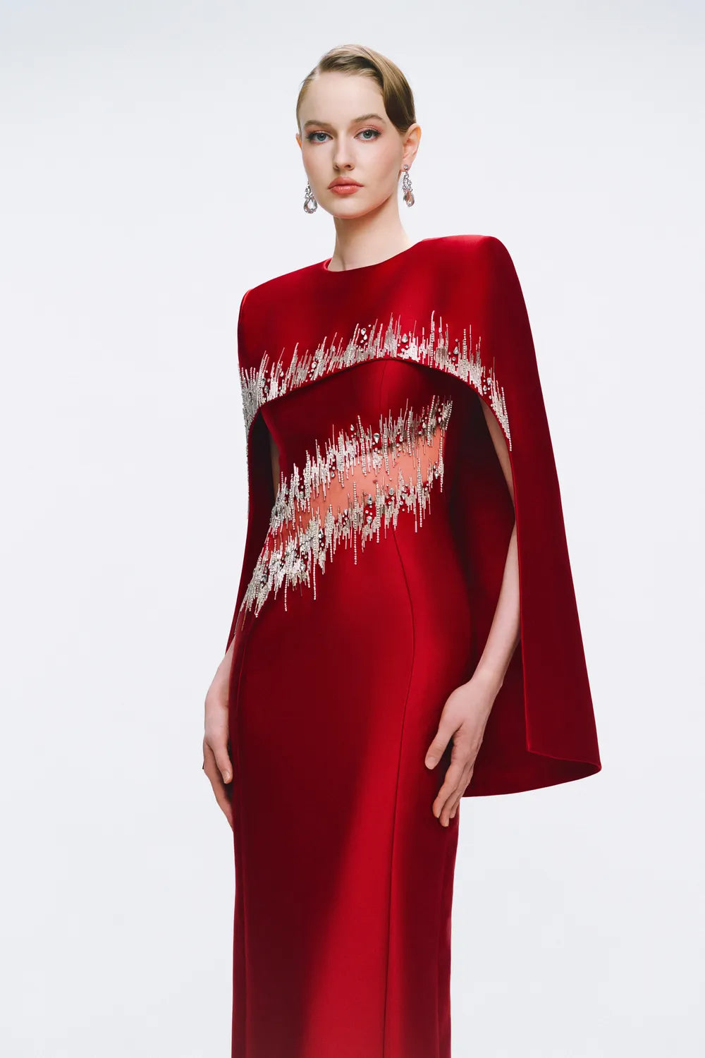 Glitch Embellished High-Low Cape Straight Dress