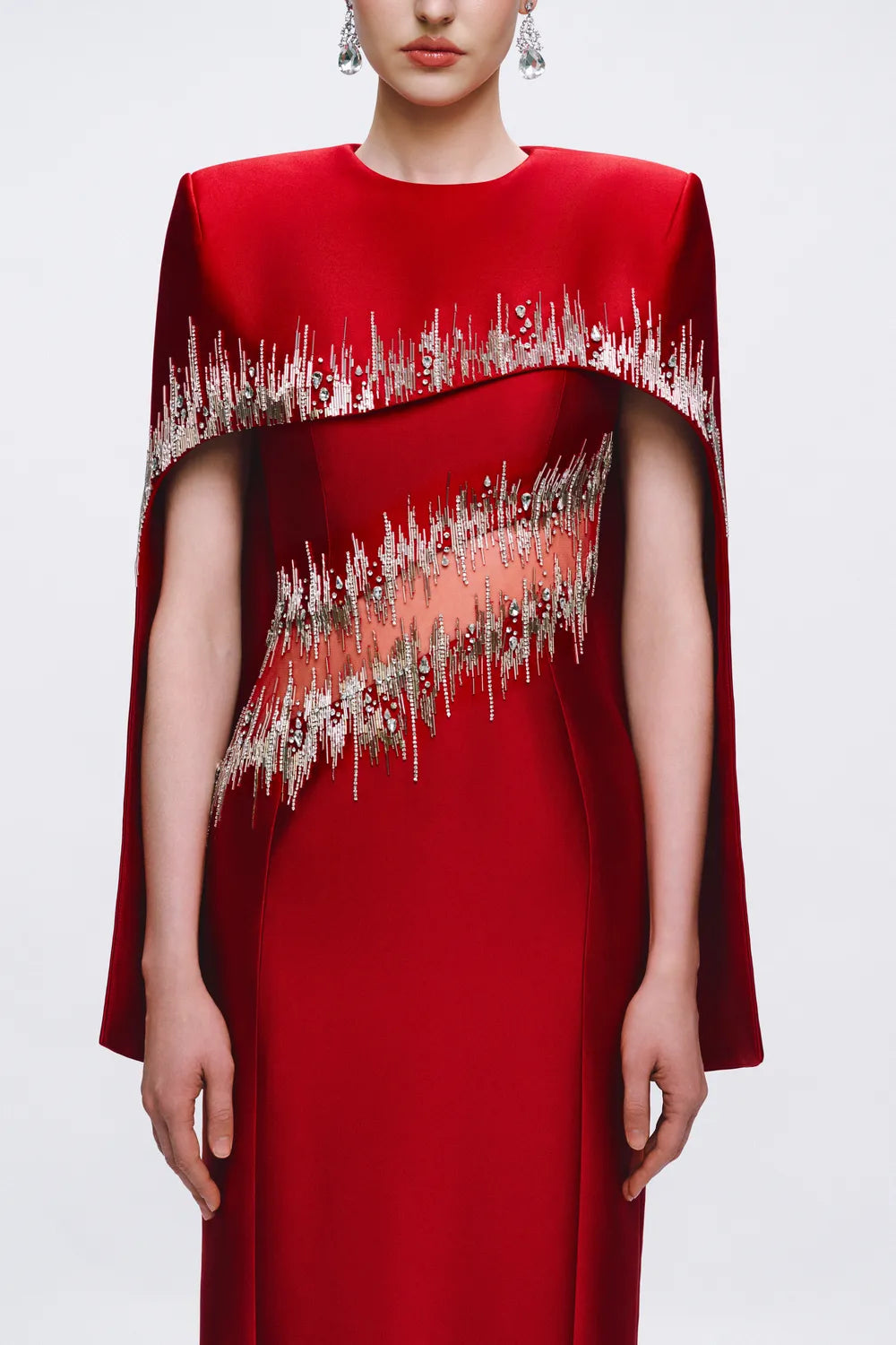 Glitch Embellished High-Low Cape Straight Dress