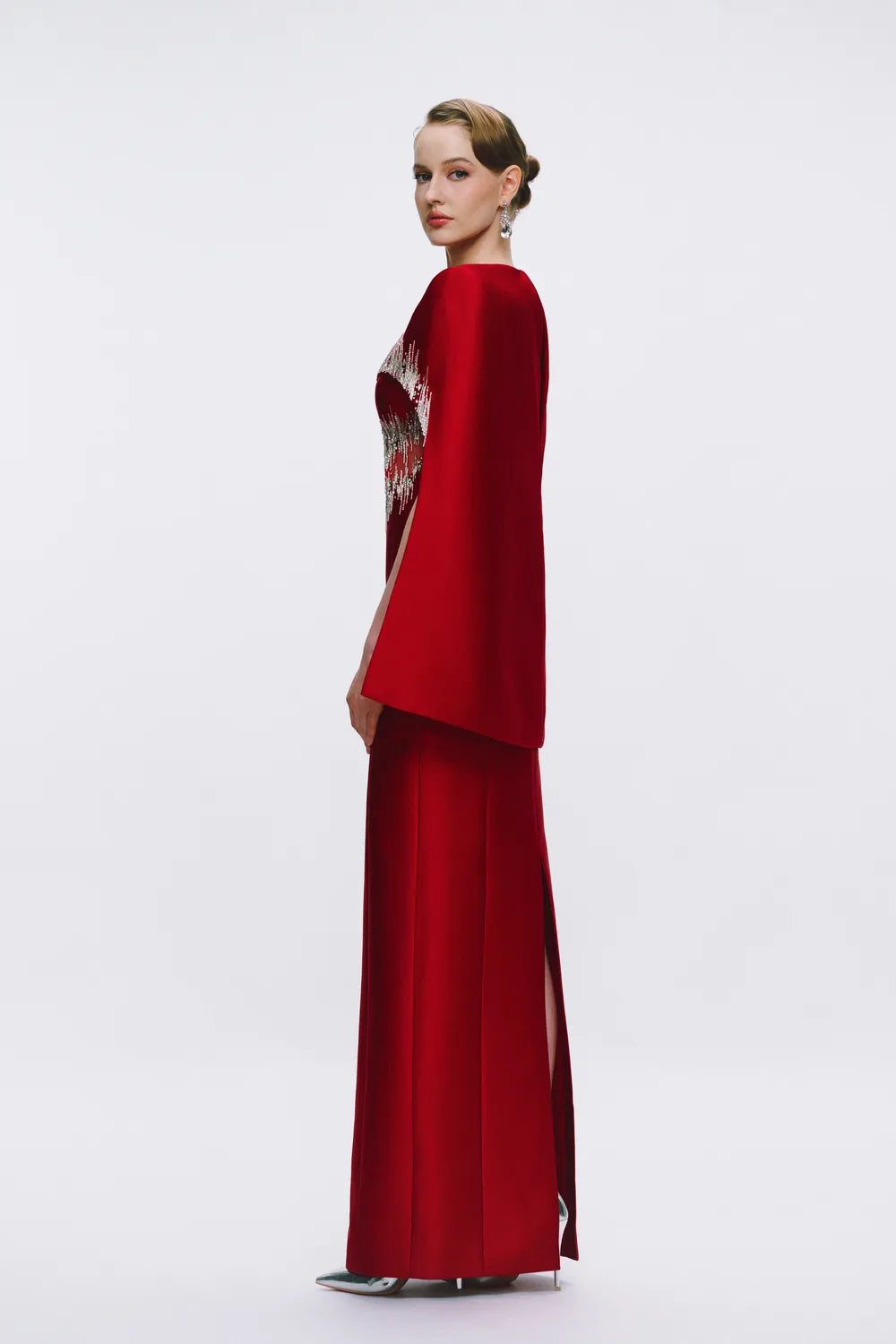 Glitch Embellished High-Low Cape Straight Dress