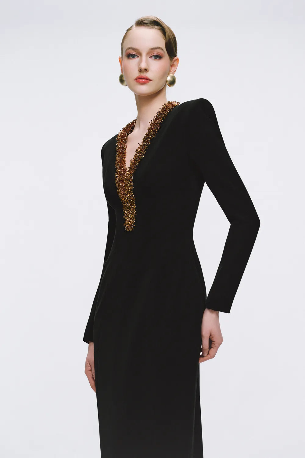 Bead Embellished V-Chest Straight Dress