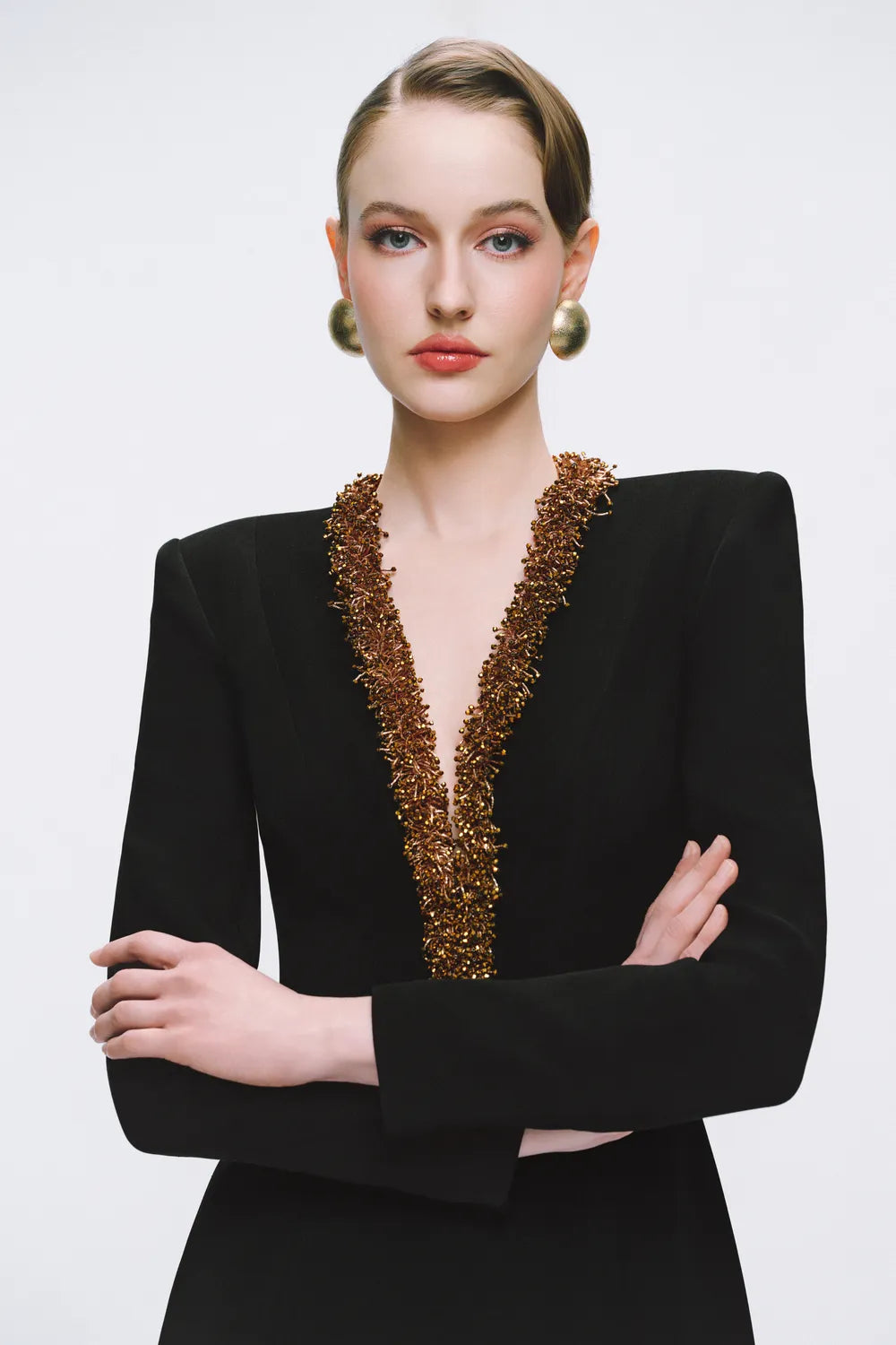 Bead Embellished V-Chest Straight Dress