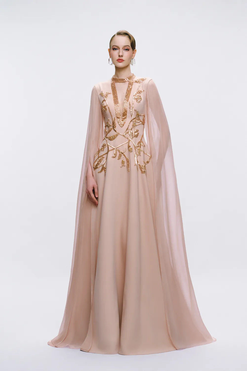Flowing Long Cape Sleeves Deep V-chest Dress