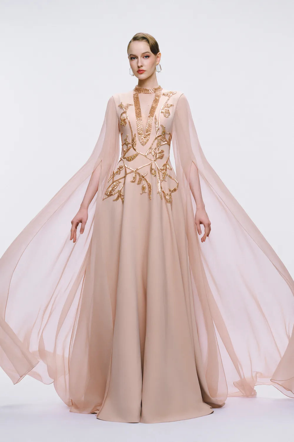 Flowing Long Cape Sleeves Deep V-chest Dress