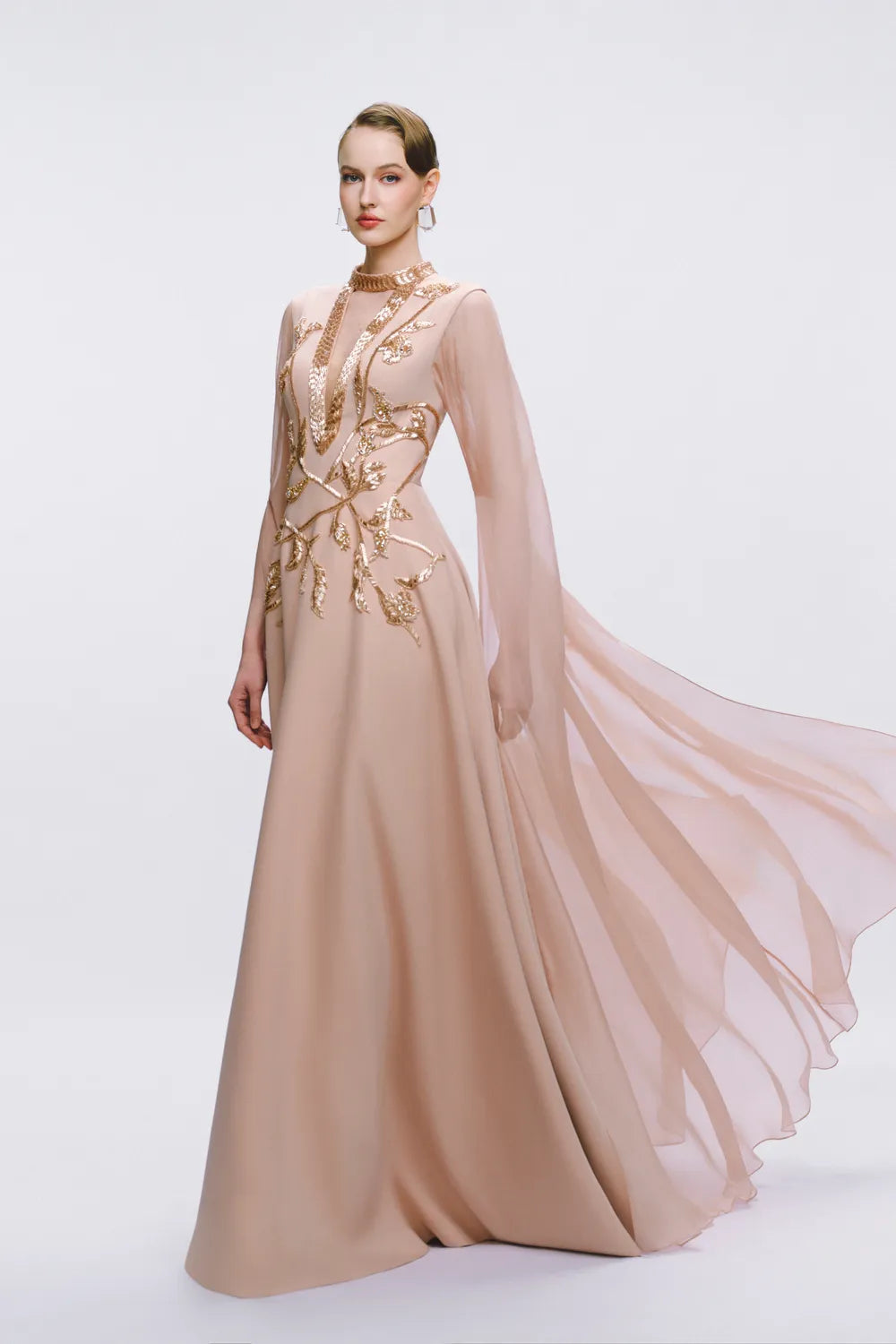 Flowing Long Cape Sleeves Deep V-chest Dress