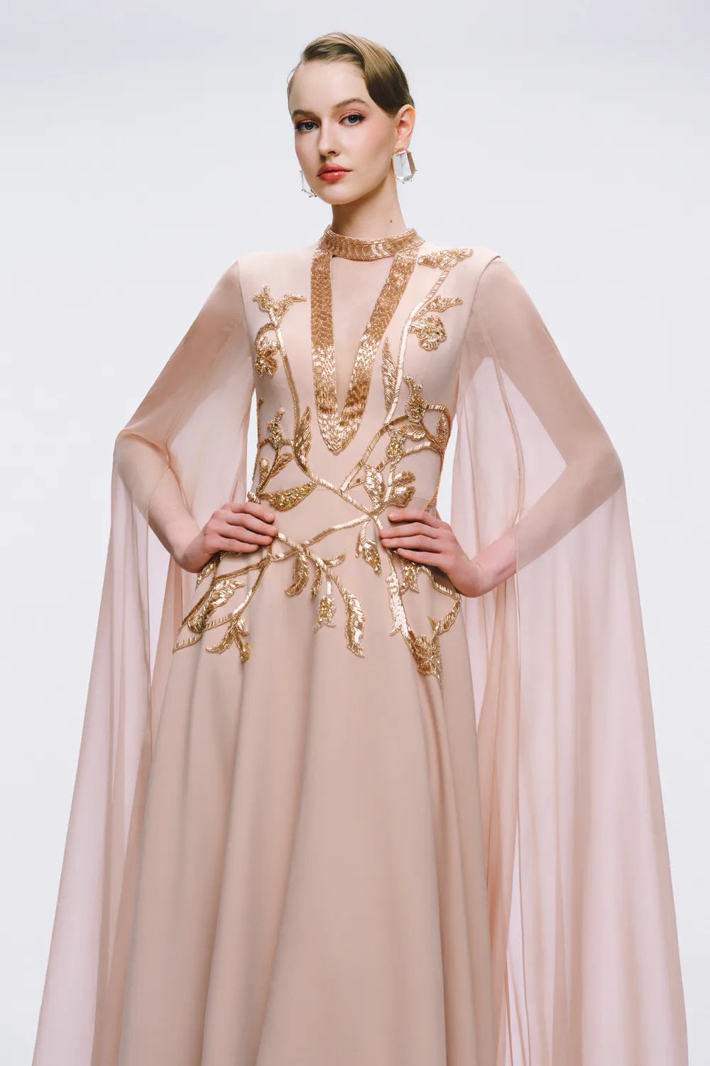 Flowing Long Cape Sleeves Deep V-chest Dress