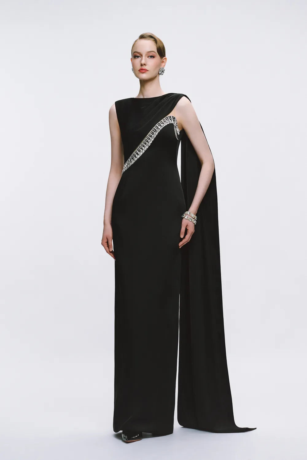 Curved Diagonal Crystal Embellished Single Back Flap Dress