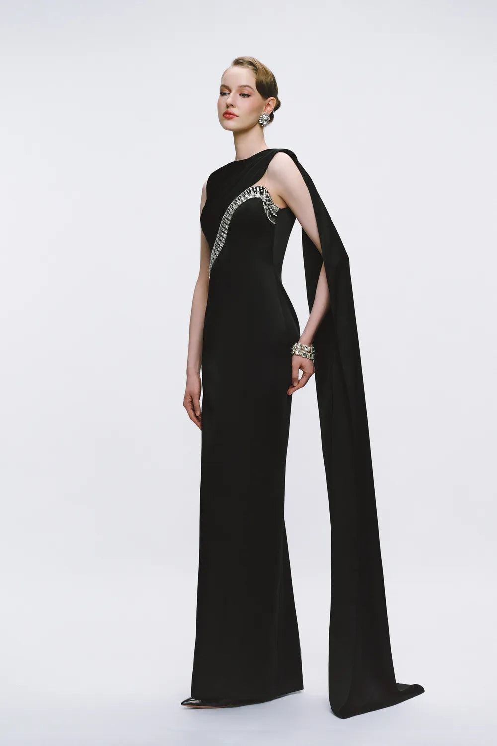 Curved Diagonal Crystal Embellished Single Back Flap Dress