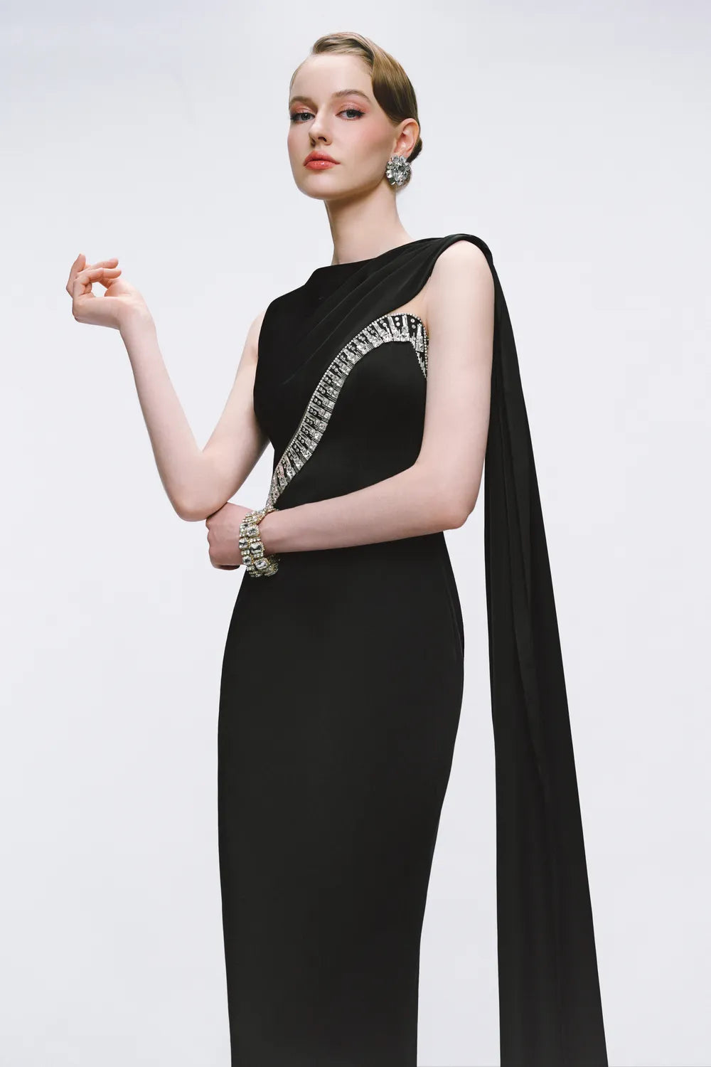Curved Diagonal Crystal Embellished Single Back Flap Dress