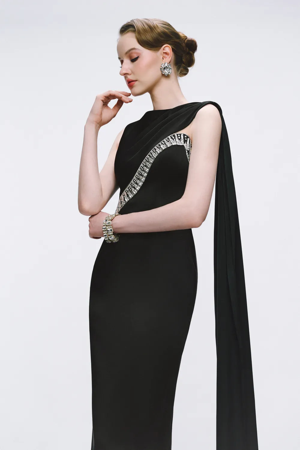 Curved Diagonal Crystal Embellished Single Back Flap Dress