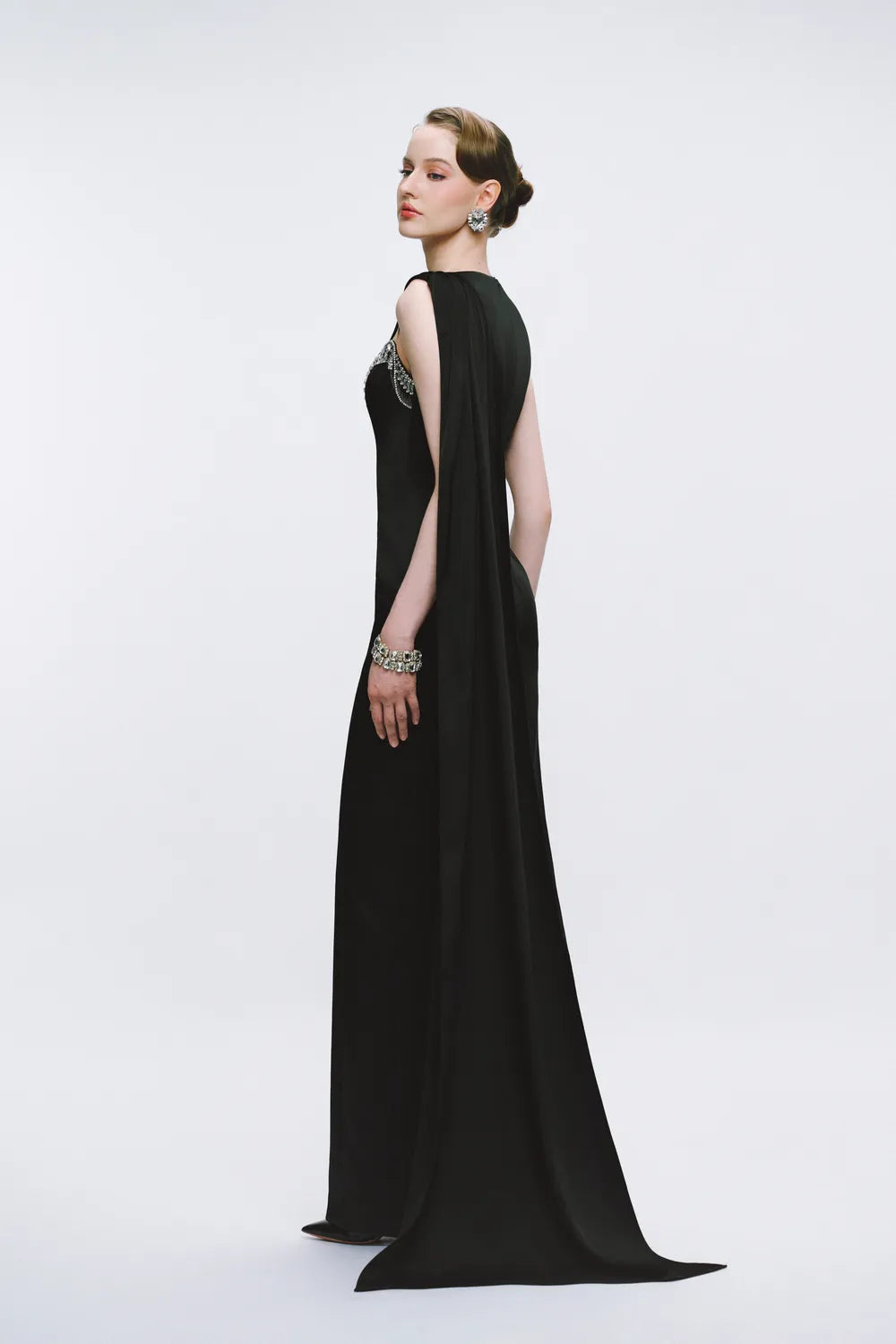 Curved Diagonal Crystal Embellished Single Back Flap Dress
