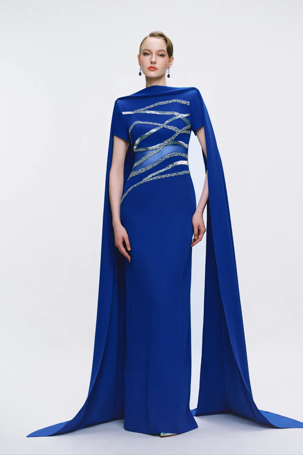 Cross-Over Embellished Floor Length Cape Sleeve Dress