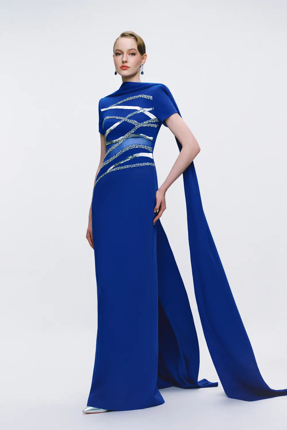 Cross-Over Embellished Floor Length Cape Sleeve Dress