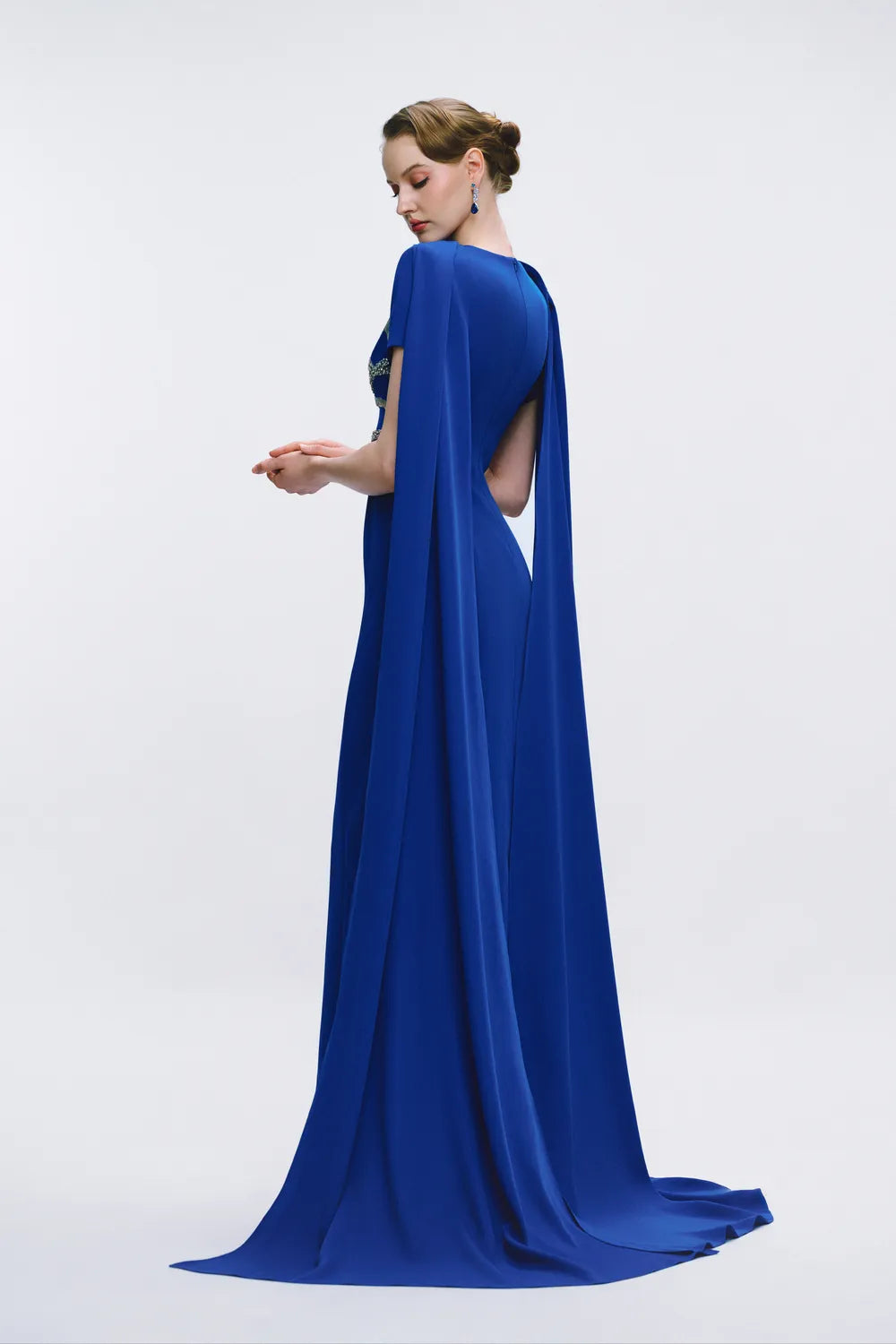 Cross-Over Embellished Floor Length Cape Sleeve Dress