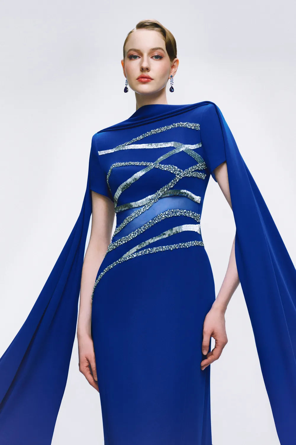 Cross-Over Embellished Floor Length Cape Sleeve Dress