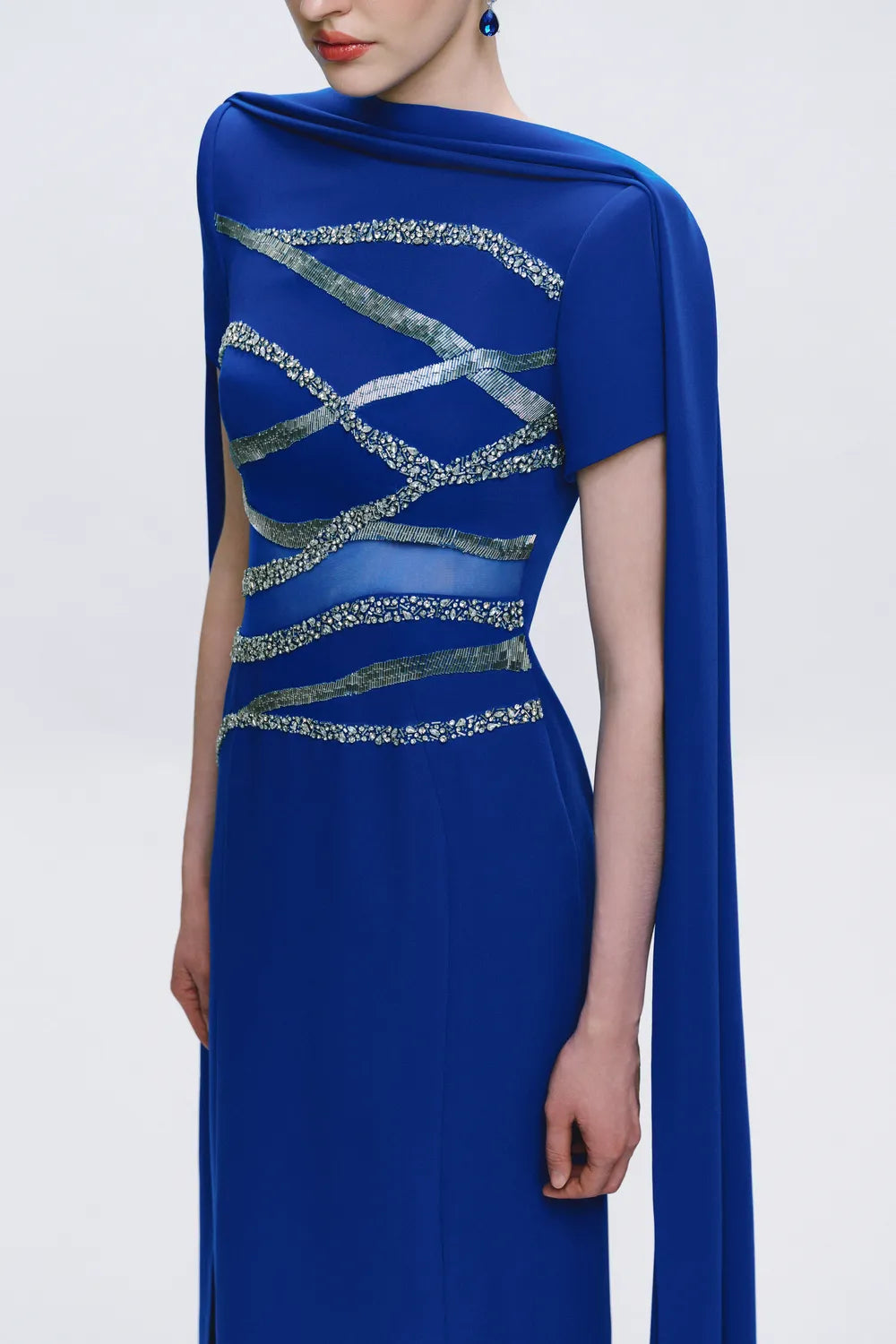 Cross-Over Embellished Floor Length Cape Sleeve Dress