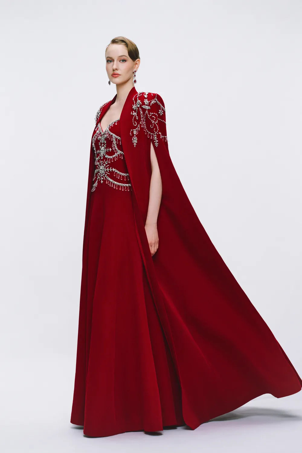 Symmetric Crystal Embellished Long Cape With Strappy Dress Set