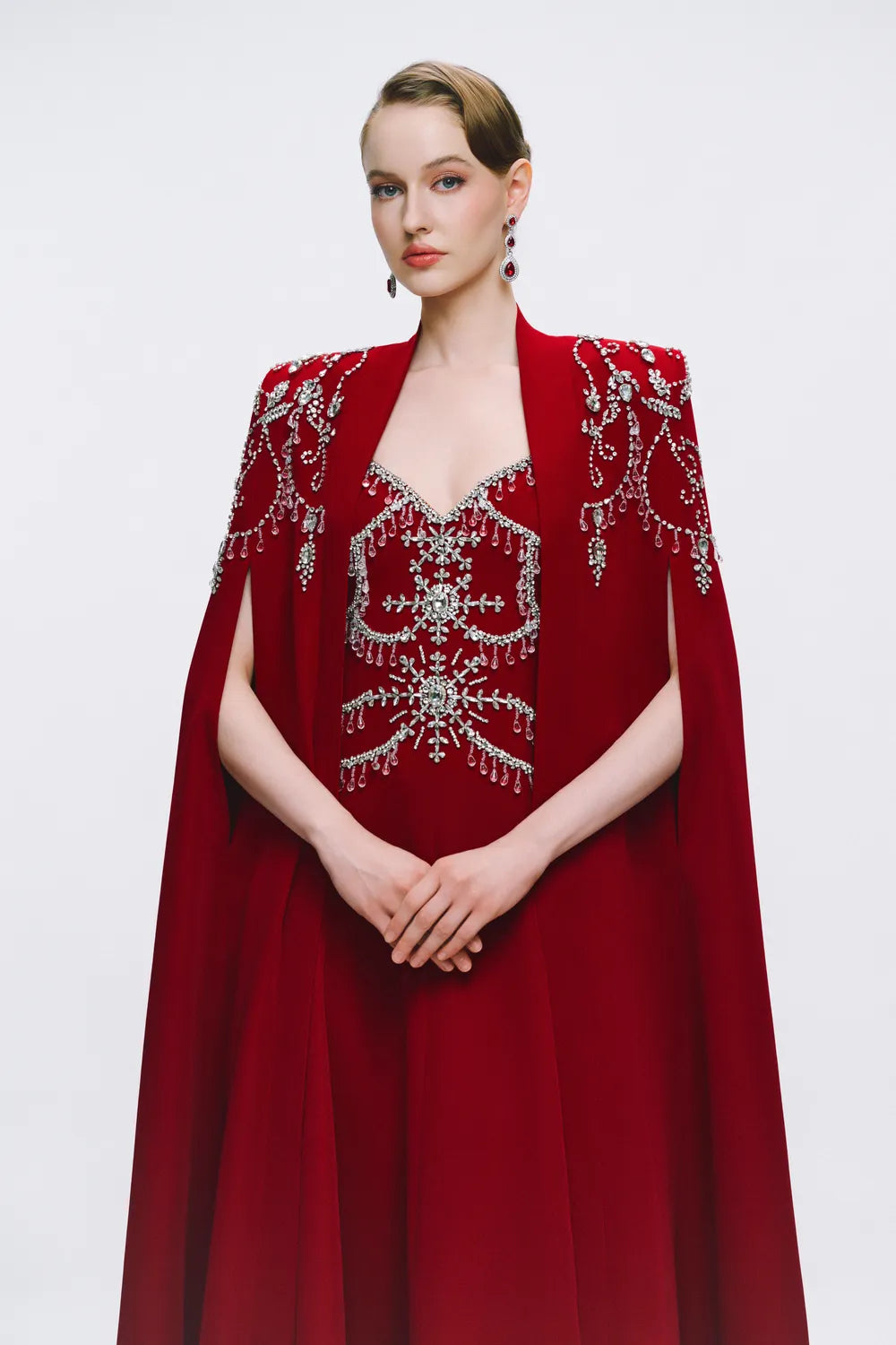 Symmetric Crystal Embellished Long Cape With Strappy Dress Set