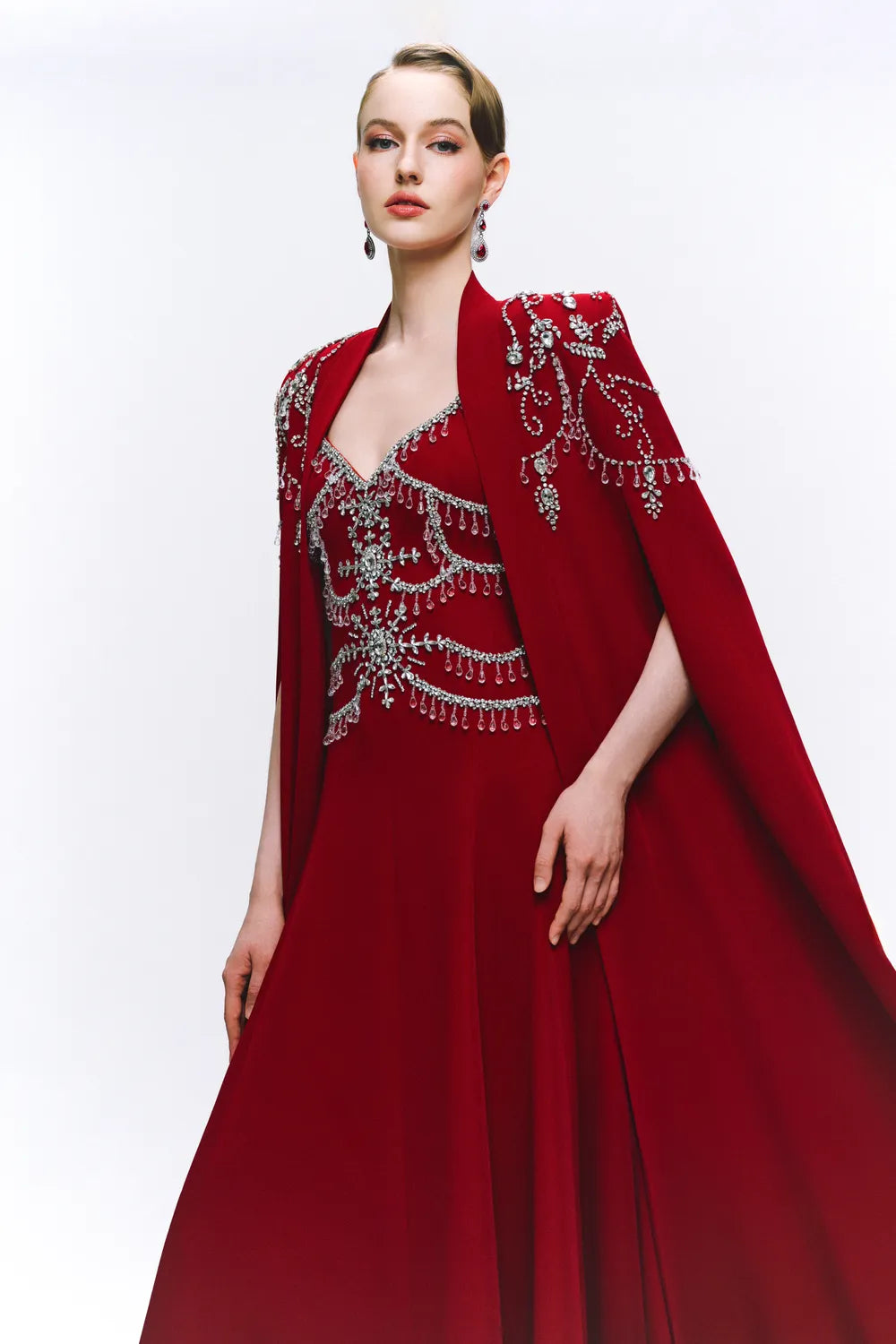 Symmetric Crystal Embellished Long Cape With Strappy Dress Set