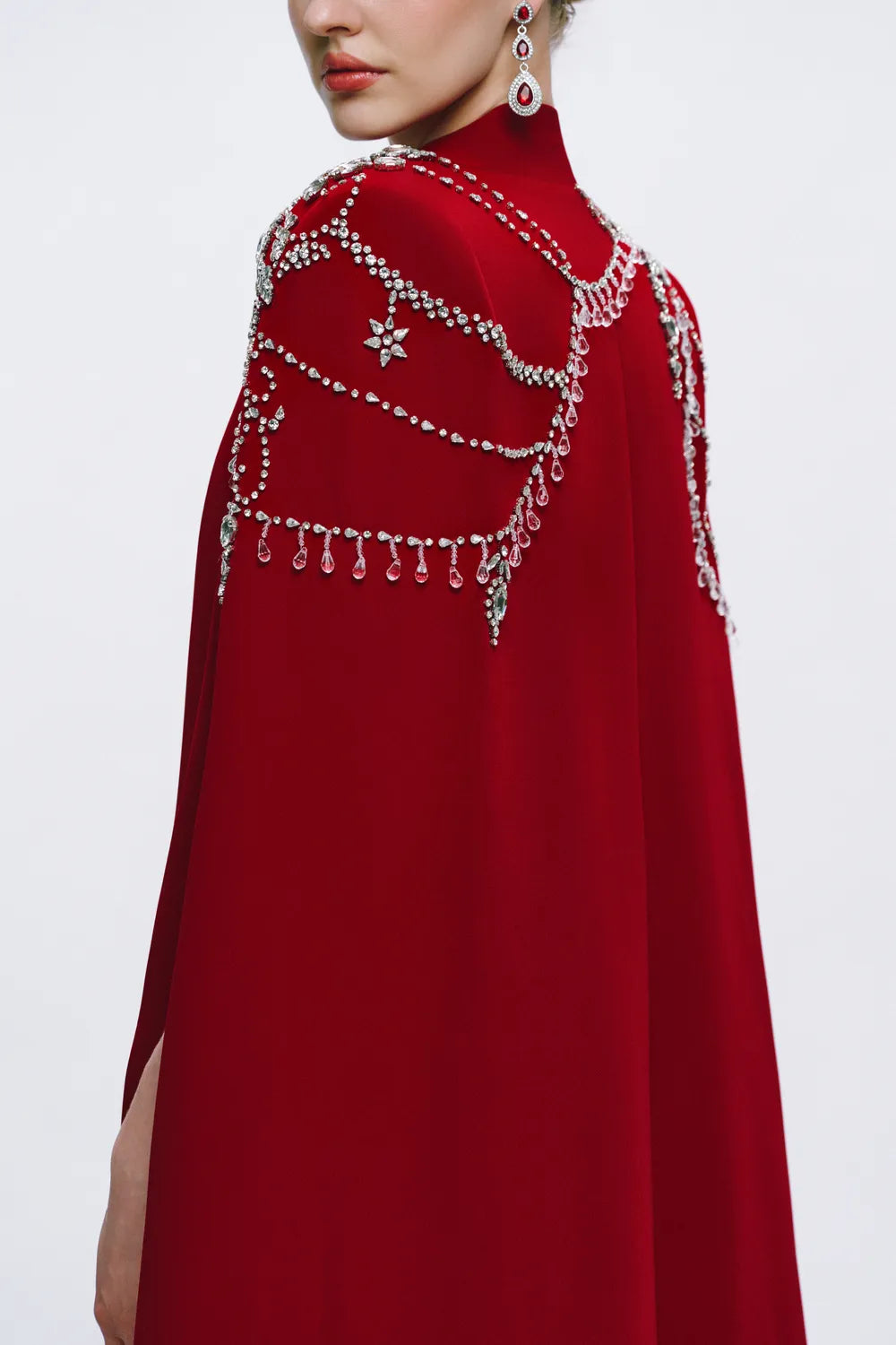 Symmetric Crystal Embellished Long Cape With Strappy Dress Set
