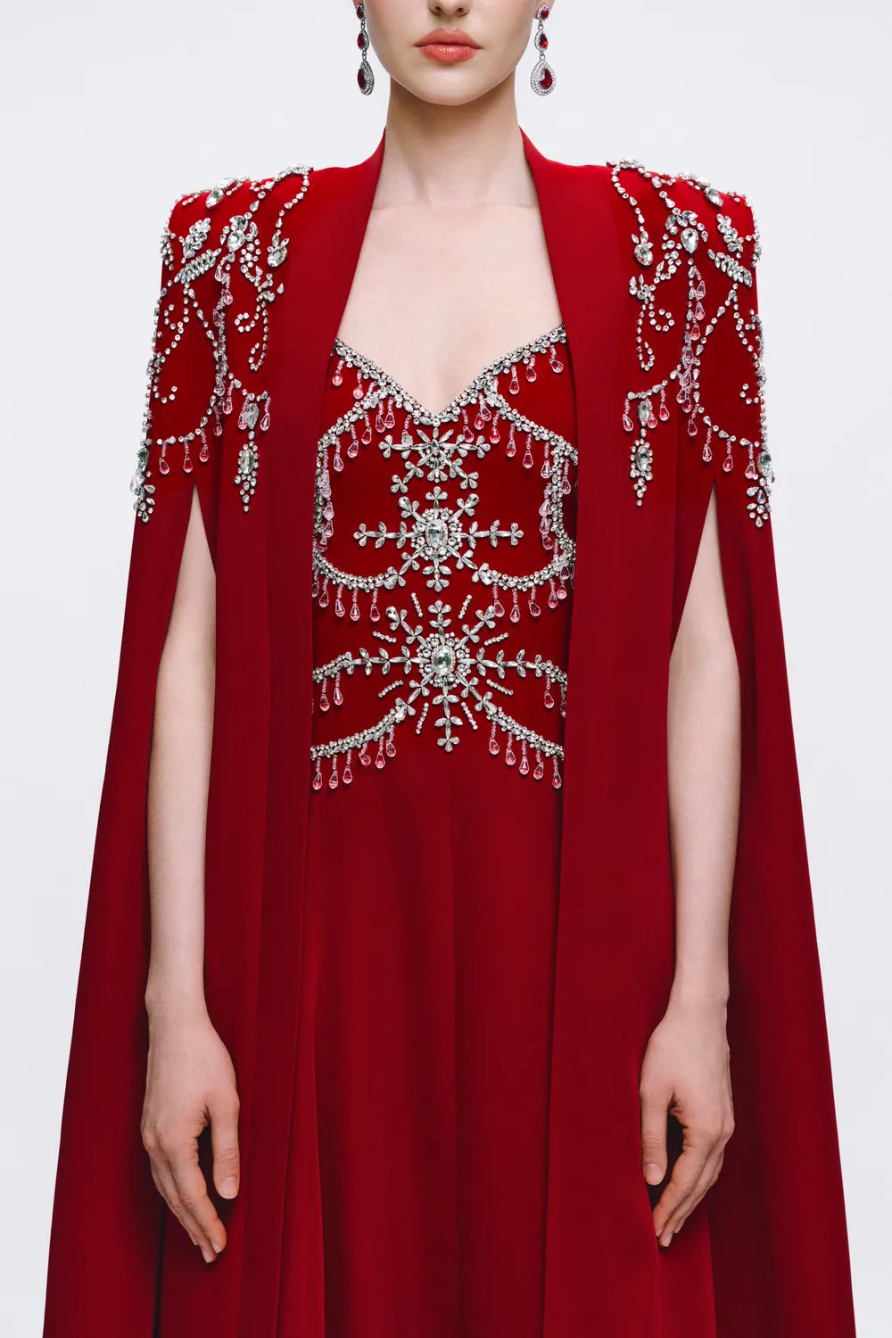 Symmetric Crystal Embellished Long Cape With Strappy Dress Set