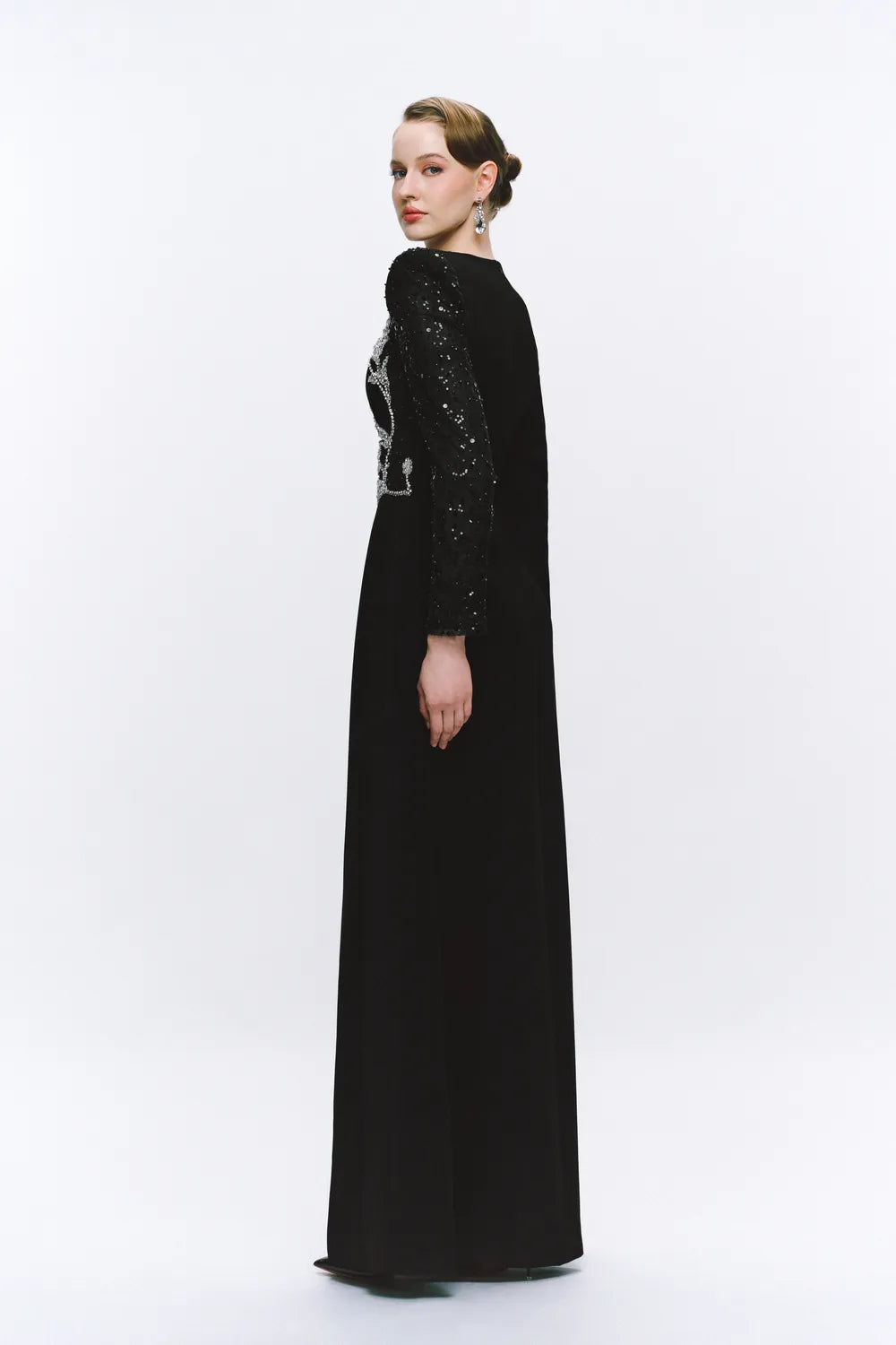 One-Sided Sequin Embellished Sleeve A-line Dress