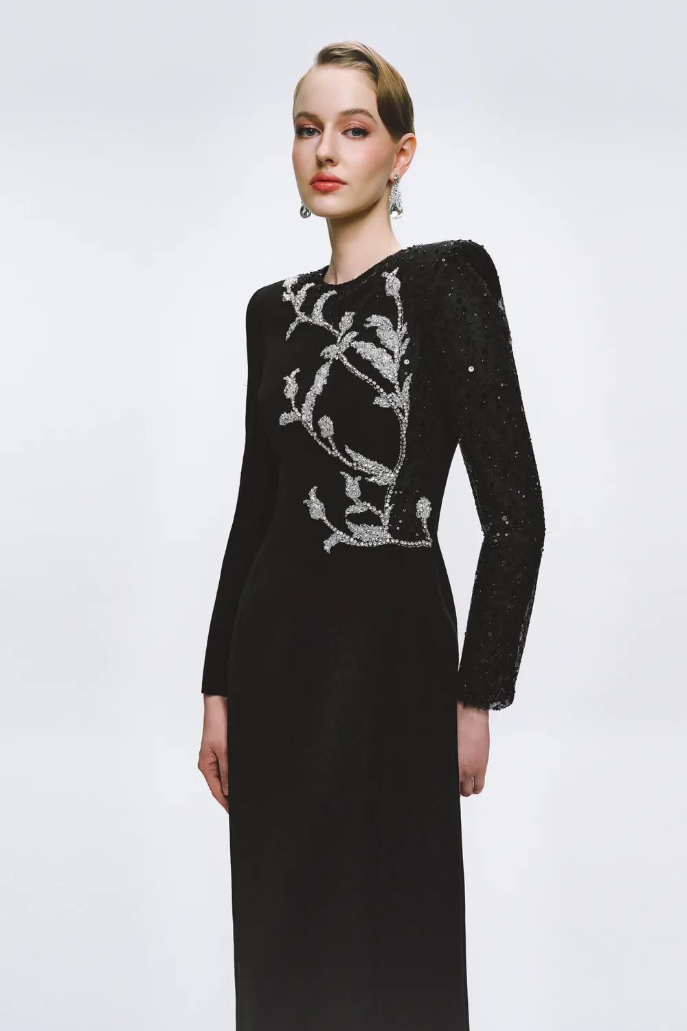One-Sided Sequin Embellished Sleeve A-line Dress
