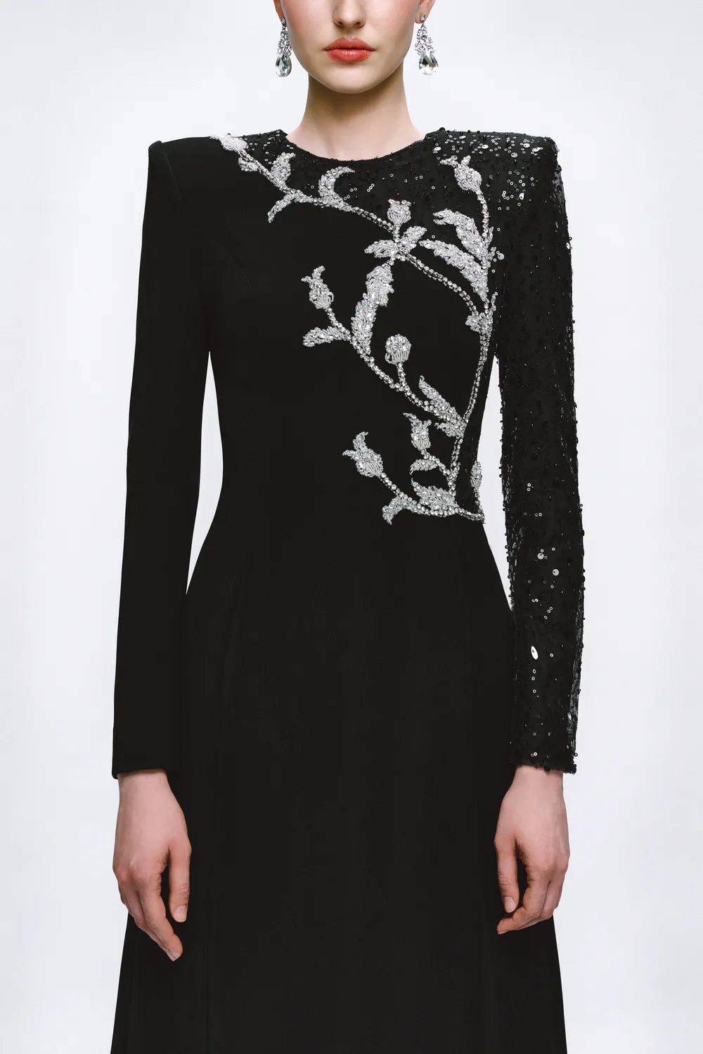 One-Sided Sequin Embellished Sleeve A-line Dress