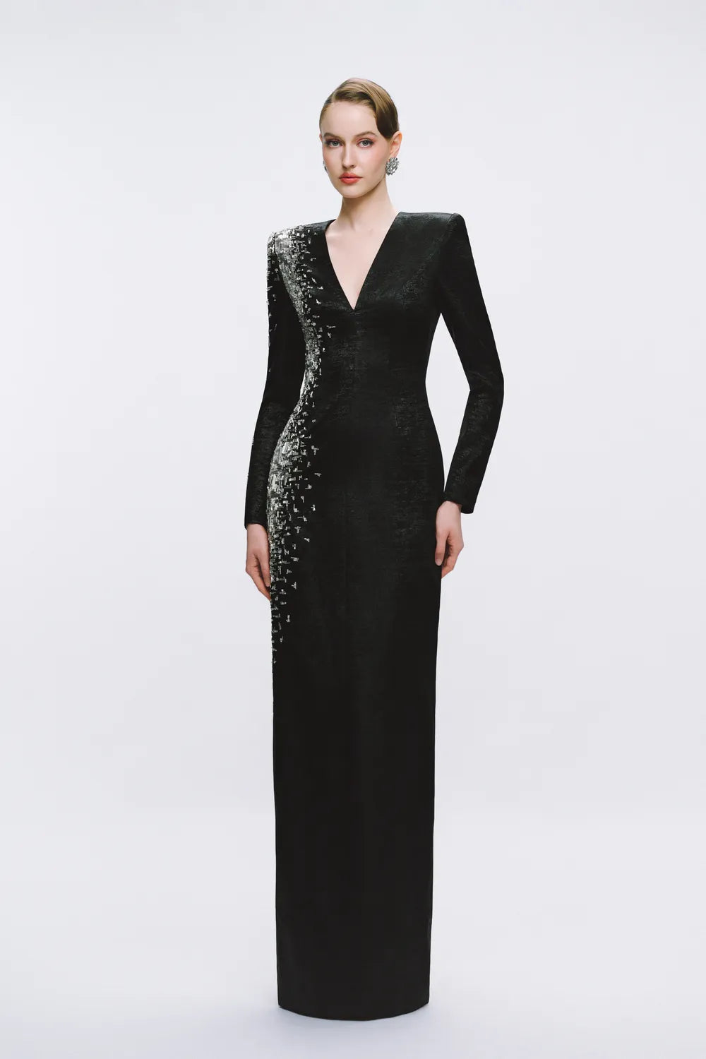 One-Side Embellished Deep V-Chest Dress