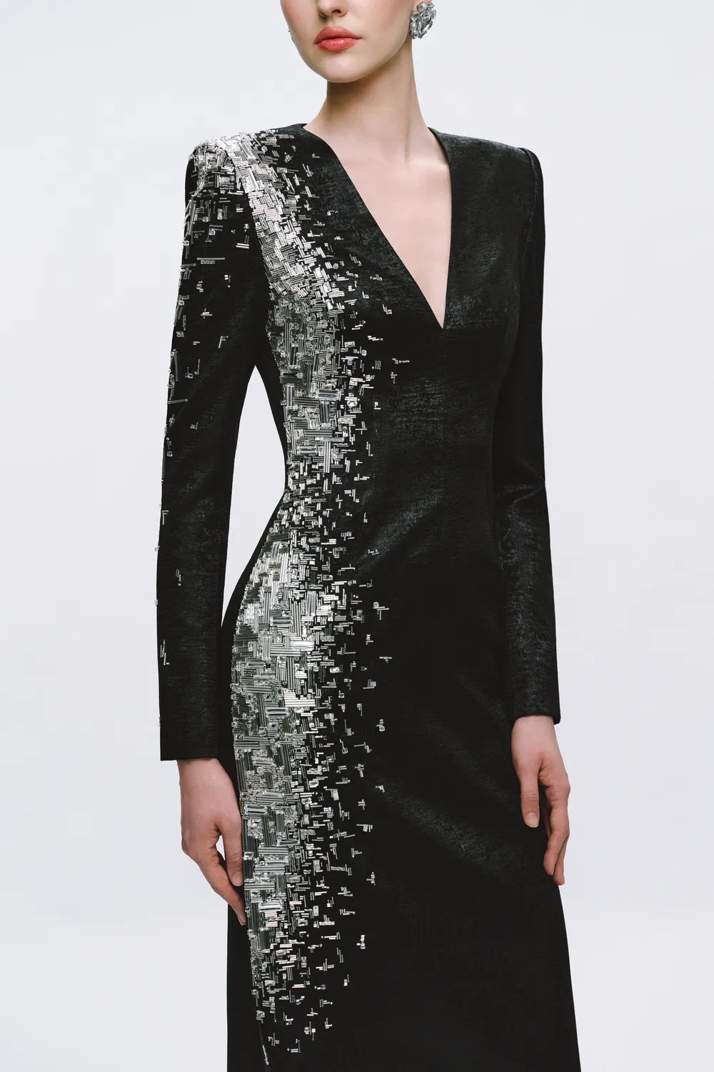 One-Side Embellished Deep V-Chest Dress