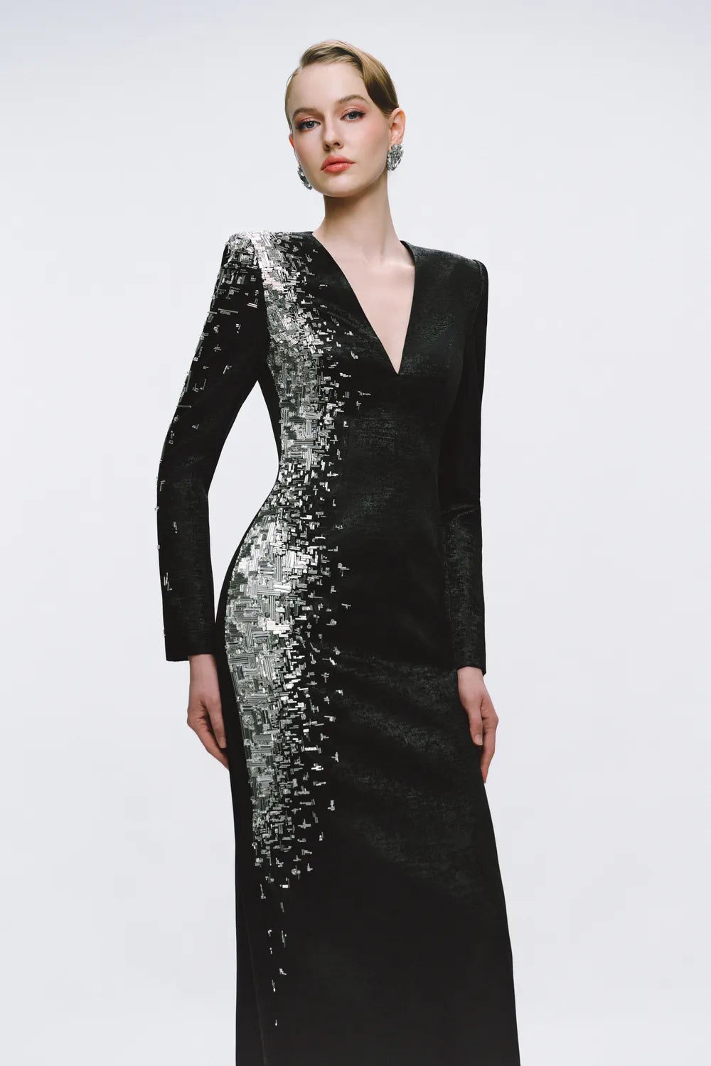 One-Side Embellished Deep V-Chest Dress